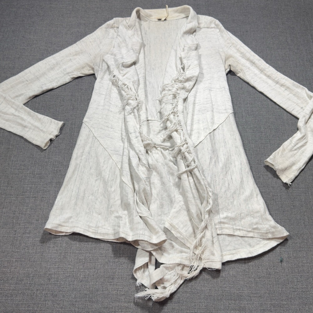 Free People Women's Cardigan Ruffle Cream Heathered Long Sleeve Open Fringe XS